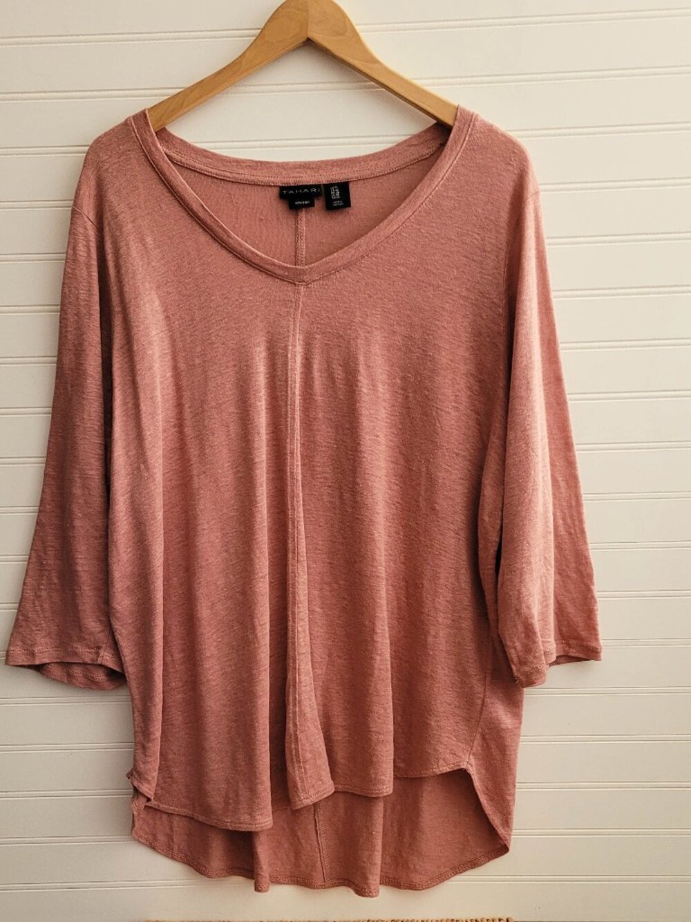 Tahari Linen Sweater Womens 1X Pink Rounded V Neck Slouchy Boxy Beachy Cruise